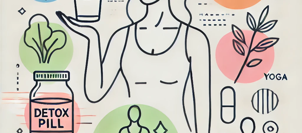 woman holding a glass of water sourrounded by sketches of people doing yoga. Also at the left side of the image there is tablet jar labelled 15-day detox pill