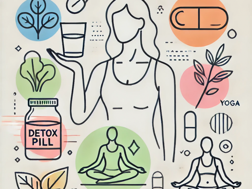 woman holding a glass of water sourrounded by sketches of people doing yoga. Also at the left side of the image there is tablet jar labelled 15-day detox pill